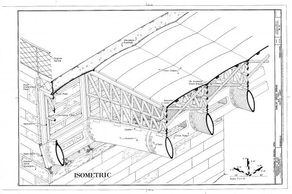 This drawing shows the hollow, cast-iron arches that supported the bracing, floor plates, and macadam road surface above.
