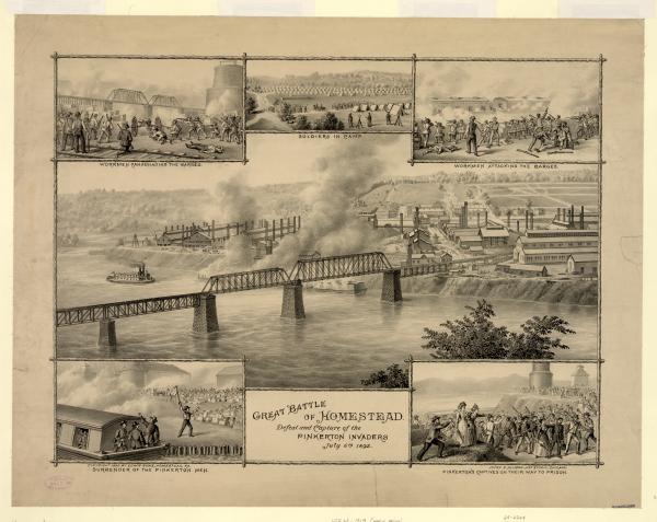 Image depicting scenes from the battle of Homestead, as it progressed. 