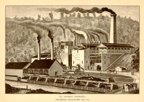 St. Charles Furnaces, Lithograph. Smoke stacks, railroad tracks, railroad cars filled with coal, horse and carriage with worker, and other workers can be seen.