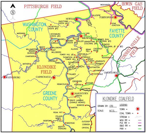 There is a yellow section of this map that outlines the Klondike coalfield. Coal towns are marked with a red dot and RR's are indicated with color coded lines.
