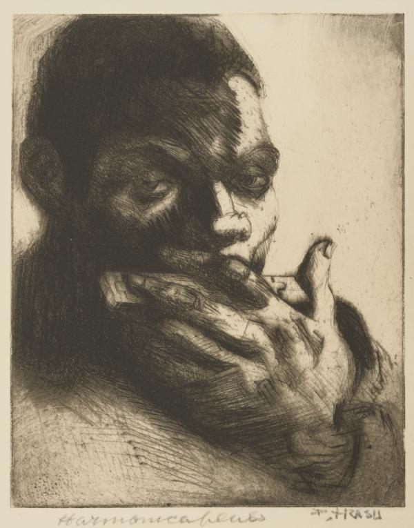 A man's large hand is the focus in the foreground of this work that depicts the face of a man playing a harmonica. 