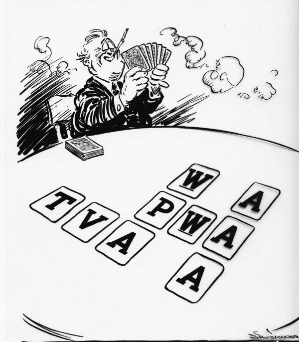 Cartoon parody of Roosevelt's New Deal Programs. Roosevelt is holding a hand of alphabet cards which he is organizing on the table like a game of Scrabble. 
 