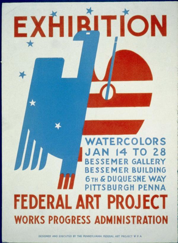 Red, white, and blue poster advertising an exhibition of watercolors at the Bessemer Gallery. Image shows half an eagle and half a painter's palette. 