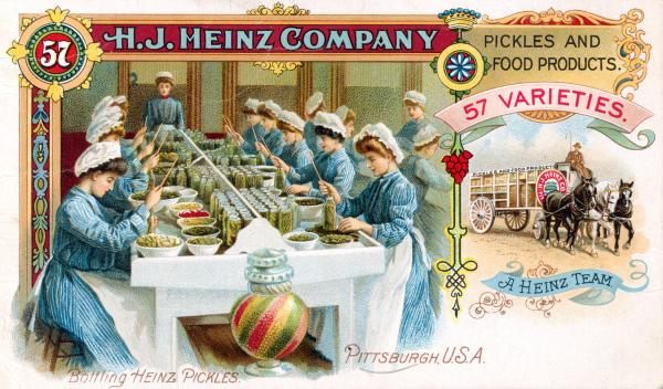 Color image of an Advertisement for Heinz Pickles and Products: 57 varieties.  Women bottling pickles in the Heinz kitchen.