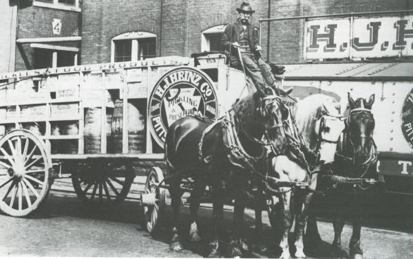 A wagon with a H. J. Heinz with open rails is loaded with barrels. A driver sits atop the wagon in a seat and holds the reins of three horses, two black, on each side of a white horse that is harnessed in the center.  The wagon is parked outside of the H.J. Heinz company.