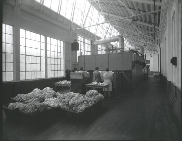 women are "softening" the silk.  The bundles in the foreground are raw silk skeins, probably still in the bags they were put in Japan.  The silk skeins were put on the tubes that can be seen behind the women, and then moved through this machine which steamed them, and then slowly cooled them.