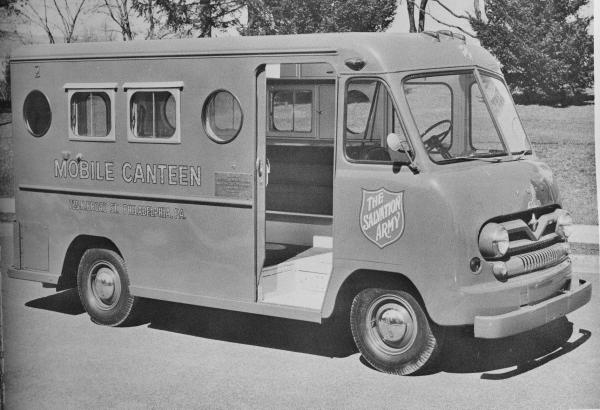 Black and white photograph of a Merchandiser truck, used by the Salvation Army as their canteen vehicle.