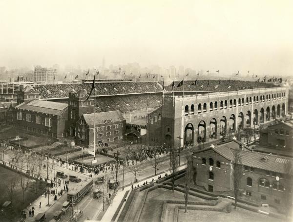 Franklin Field stadium (as rebuilt in 1922), semi-aerial photograph, game in progress, Penn vs. Cornell, November 25, 1926.