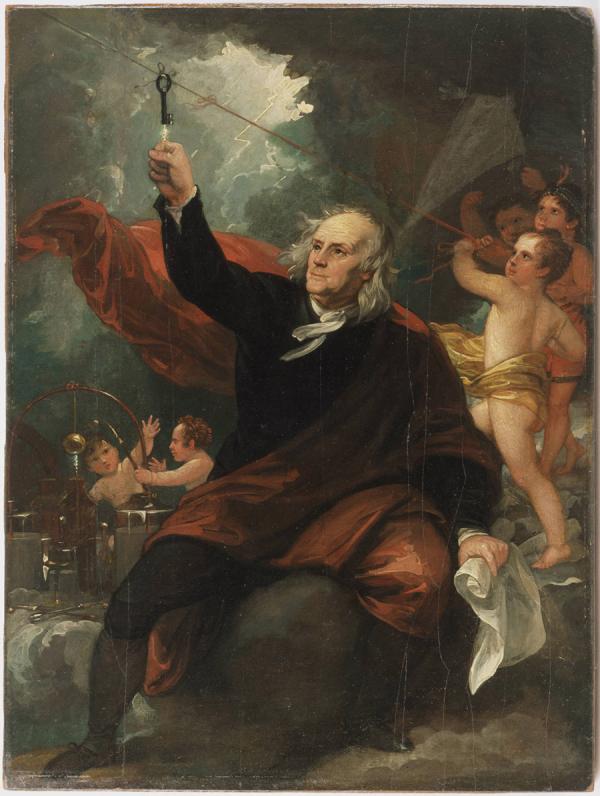 Benjamin Franklin is dressed in black with a red cape flowing across and behind him in this painting. He is shown drawing electricity from the sky into his outstretched hand. Angels assist him both by holding the string and guarding the bottles of electricity he has collected. One of the angels is depicted as a Native American.