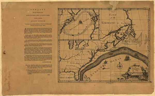 A chart of the Gulf Stream, Includes inset of North Atlantic and text in left margin "Remarks upon the navigation from Newfoundland to New-York, in order to avoid the Gulph Stream on one hand, and on the other the shoals that lie to the southward of Nantucket and of St. George's Banks," by B. Franklin.