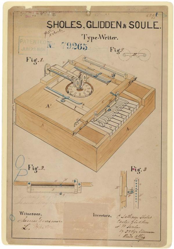 Printed patent drawing for a typewriter