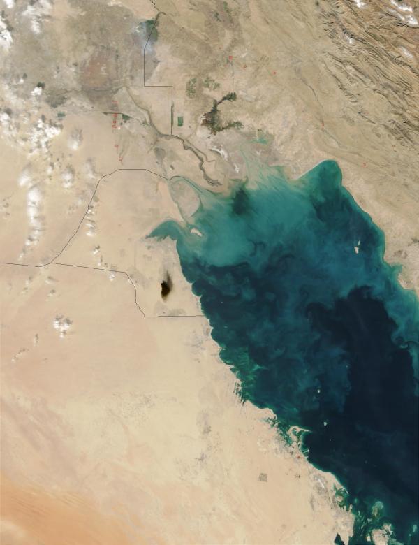 Satellite image showing beige earth of Kuwait, black smoke, and red dots where oil fires have developed. 
