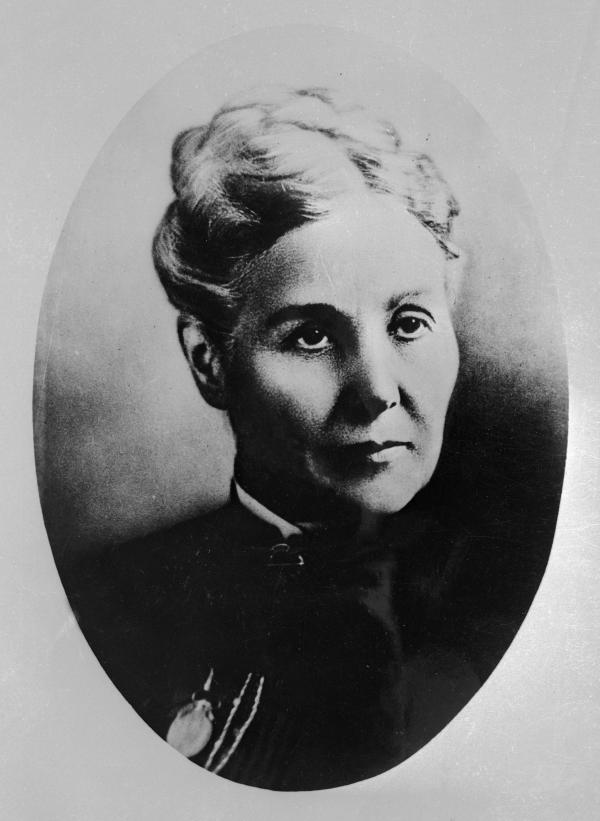 Oval image, head and shoulders of Anna M. Jarvis.