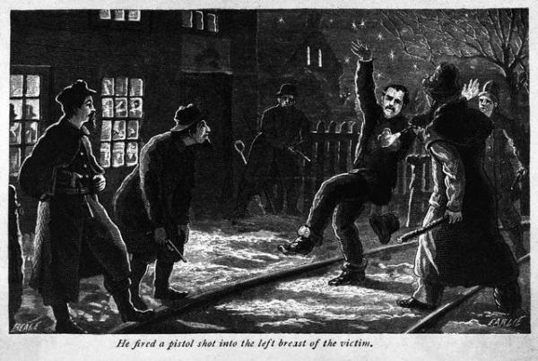 Illustration shows Molly Maguire victim murdered by gang. Woodcut, 1877.