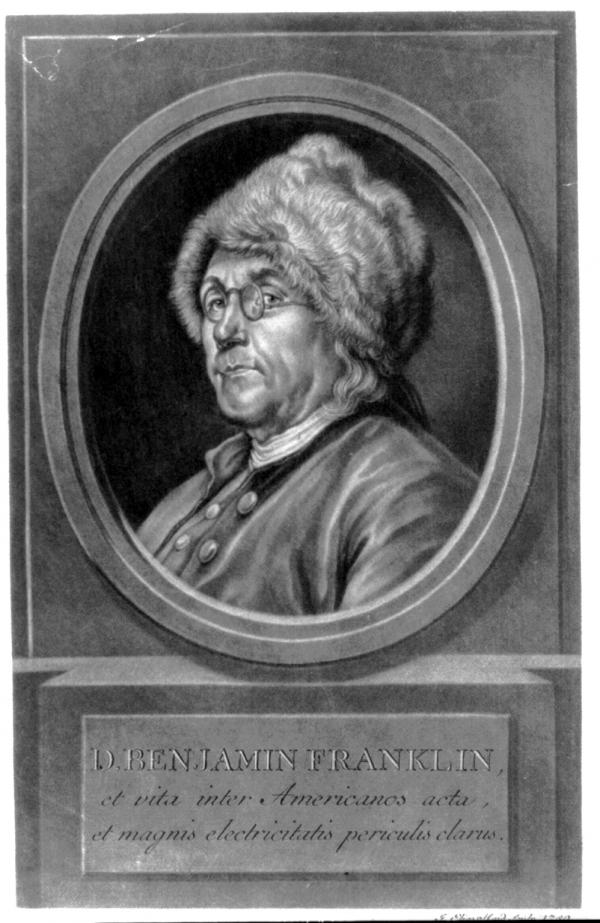 A profile of Benjamin Franklin wearing a fur cap.