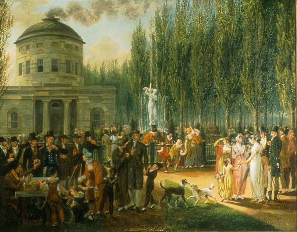 Oil on canvas depicting men, women, and Children dressed in their finery enjoying the celebration. 