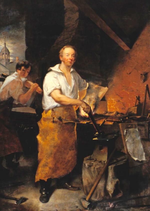 Oil on canvas of Lyon with his leather apron, hammer-in-hand working at his anvil. In the background of the painting, the artist shows the cupola of the Walnut Street Prison.