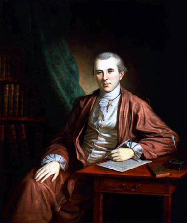 Portrait painting of Dr. Benjamin Rush seated at a table.