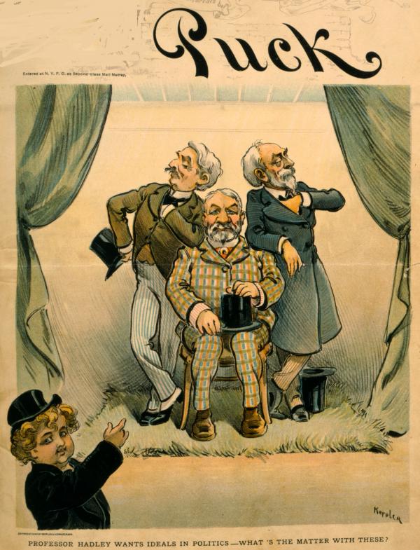 Political cartoon showing child, representing Puck, pointing at Richard "Boss" Croker, Thomas Collier Platt, and Matthew Stanley Quay.