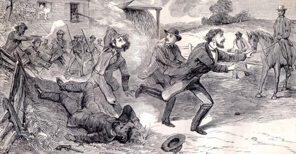 African-Americans firing on slave-catchers at the home of William Parker, near Christiana, Pa., 11 Sept. 1851; slave-hunters Edward Gorsuch and his son Dickerson, of Baltimore Co., Md., were killed and wounded.