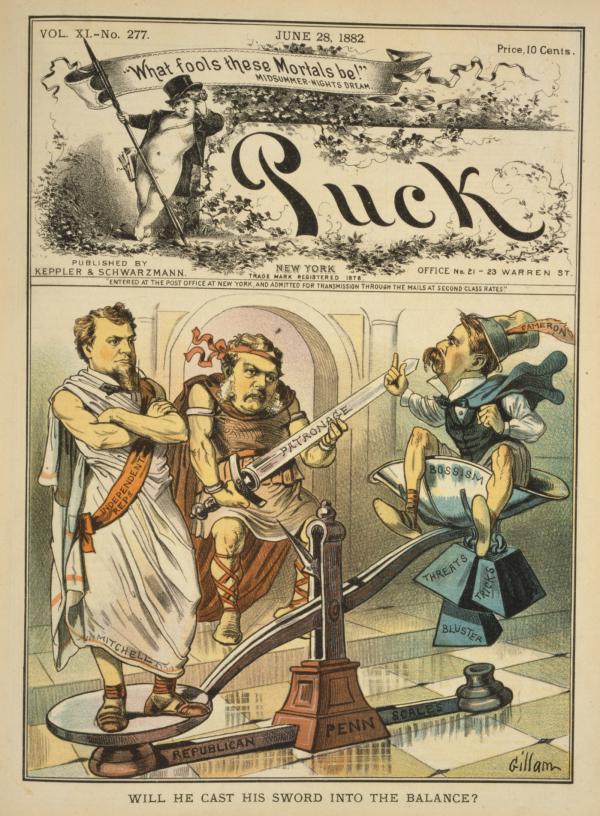 Cartoon showing Chester Arthur, dressed as a Roman, by "Republican scales," holding sword "patronage," with Mitchell "indepencent reps.," also dressed as a Roman, on one end of the scales, and James Donald Cameron "bossism" on the other end of scales.