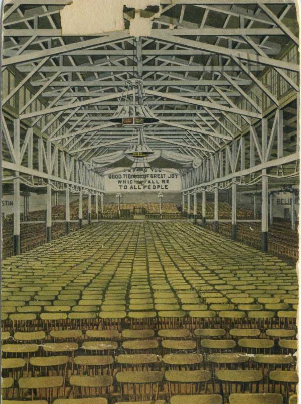 Pennsylvania Railroad Freight Office, Philadelphia, Pa. interior as used by Moody and Shankey in 1875, before it altered to the Wanamaker store. Rows and rows of seats fill the massive room