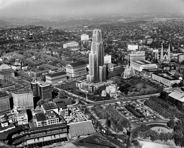 Aerial view of the University of Pittsburgh Campus, circa 1955.