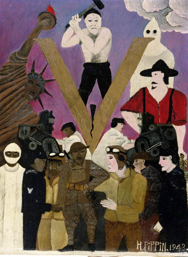 In the lower half of the painting, the figure groups are placed symmetrically on either side of the large "V", separating them. For African Americans, the "V" for victory referred to the winning the struggle for equality in the U.S. as well as winning the war in Europe. On the left of the painting a black Statue of Liberty, holds a flaming torch. Four African American men stand below her, each wearing a uniform: a doctor, an aviator, a sailor, and Horace Pippin himself, wearing a brown WW I uniform, with his right arm injured in battle hanging straight down at his side.  On the right are white men in uniform. One of them extends his hand towards the black man on the other side and his gesture is mirrored by sailor on the left, however their hands do not touch. A grim faced white man, depicted as an executioner, hammers a wedge into the "V" The skin color of the individuals separates the black and white on either side of the painting. On the right side of the painting a white-robed member of the Ku Klux Klan hovers above a man holding a noose.