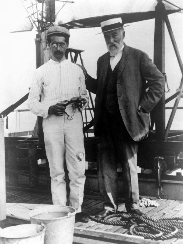 Samuel Pierpont Langley (1834-1906) and Charles M. Manly (left), chief mechanic and pilot on board the houseboat that served to
launch Langley's Aerodrome aircraft over the Potomac River