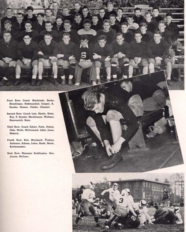 Christian B. Anfinsen's Swarthmore College football team group photograph, the team in play on the field, and an image of Anfinsen in uniform.   