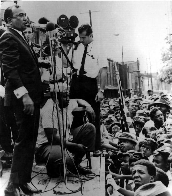 Attorney Cecil B. Moore addresses a group of civil rights protestors during the campaign to integrate Girard College, 1965.