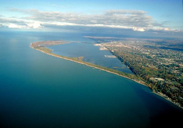Aerial view of Presque Isle State Park on Lake Erie near Erie, Pennsylvania, USA. View is to the east-northeast. 