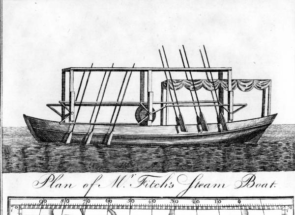 Illustration of John Fitch's design for a ferry boat with steam-driven oars, <i>Columbian Magazine</i>, December 8, 1786.