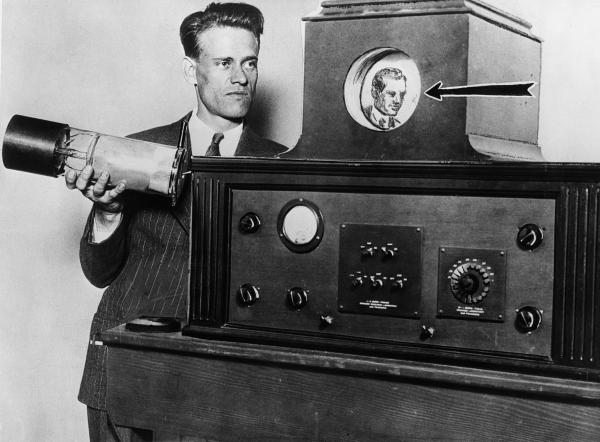 Philo T. Farnsworth displaying his revolutionary new television.