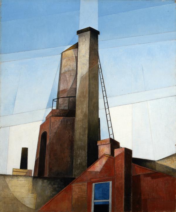 Oil on canvas of a factory chimney paired with a round silo .