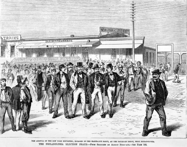 New York roughs driving Buckalew voters from the polls – Policemen arresting citizens for challenging the votes of Negro repeaters – The arrival of the New York repeaters, engaged by the Hartranft party, at the railroad depot, West Philadelphia.