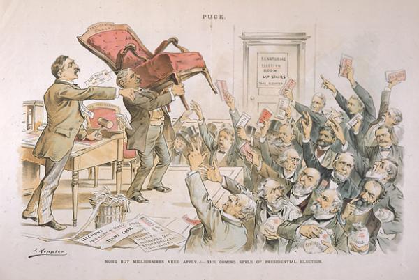 Pennsylvania Senator Matthew Quay auctions off the empty chair of the 1892 presidential election to the highest bidder. "Terms cash" reads one of the papers at his feet on the floor. 