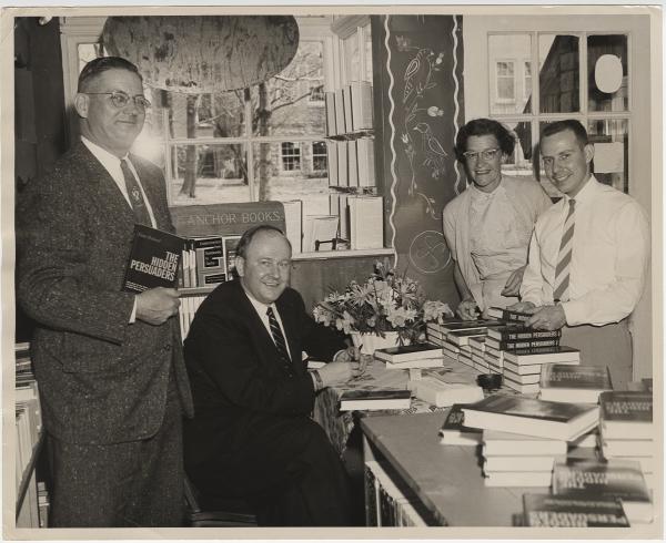 Vance Packard: The signing photo is dated April 19, 1958, taken at the Pennsylvania Book Shop, 129 East Beaver Avenue. The man who is standing on the left of Packard is Sam Murray, the publisher's rep from Anchor Books