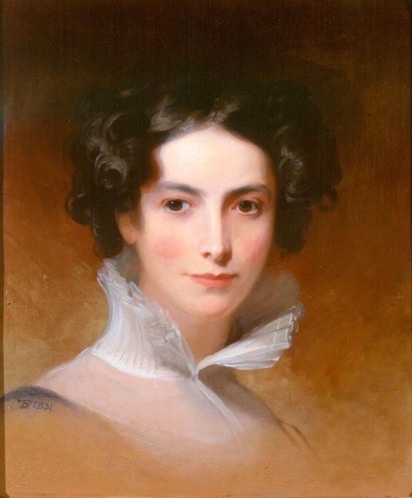 Oil on panel portrait of Rebecca Gratz, showing part of her torso and face, displays her as a rosy-cheeked woman in elaborately-adorned, early-nineteenth-century finery.
