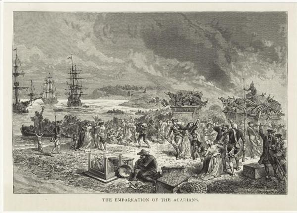 A large group of men and women along a shoreline, with ships slightly out to sea.