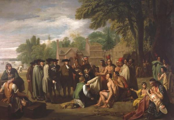 Oil painting of William Penn leading a group of his peers into a discussion with a group of Native Americans. 