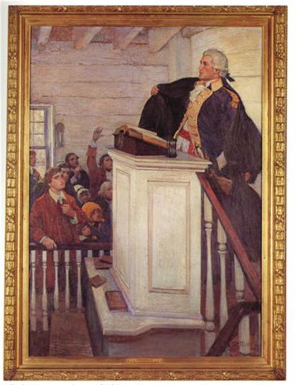 Oil on canvas of the famed Woodstock scene in which General Muhlenberg laid aside his clerical gown. Mulenberg preaching from a pulpit in fill military garb under his robe. 