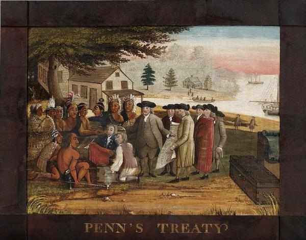 A red, white, and blue sky is the setting for this interpretation of the William Penn Treaty. A ship can be seen docking close to shore. Penn and his entourage are wearing colorful clothing, as they meet with the Indians and trade gifts.
