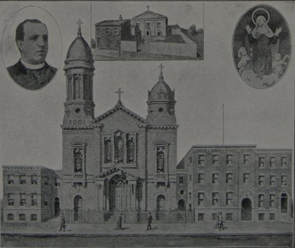 St. Mary Magdalen de Pazzi Roman Catholic Church, with inserts of priest, building, and Virgin Mary. Detail from full page.