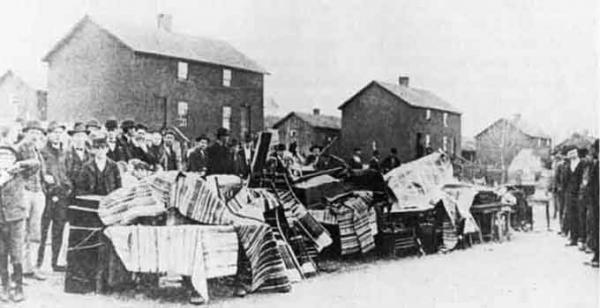 	
Because mining companies owned their employees' housing, striking workers risked their homes as well as their jobs. Shown here is an eviction during the Anthracite Coal Strike of 1902.