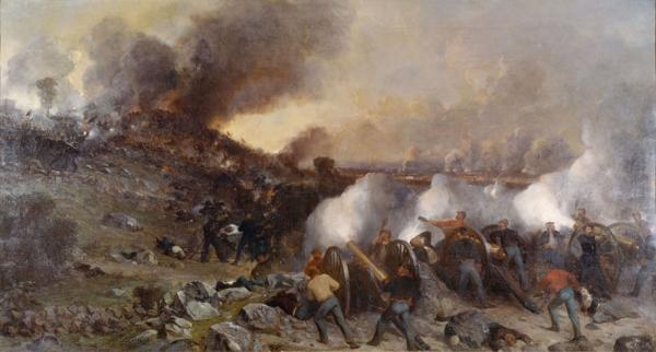 Oil on canvas of a battle scene, with soldiers in the foreground firing cannons at advancing soldiers. Smoke fills the scene. One can see battle flags just on the horizon.