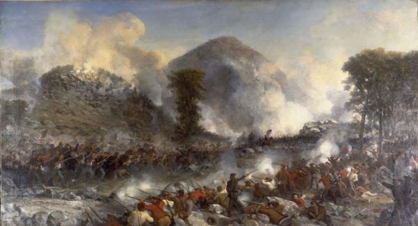 Colorful battle scene with soldiers facing each at close range. 