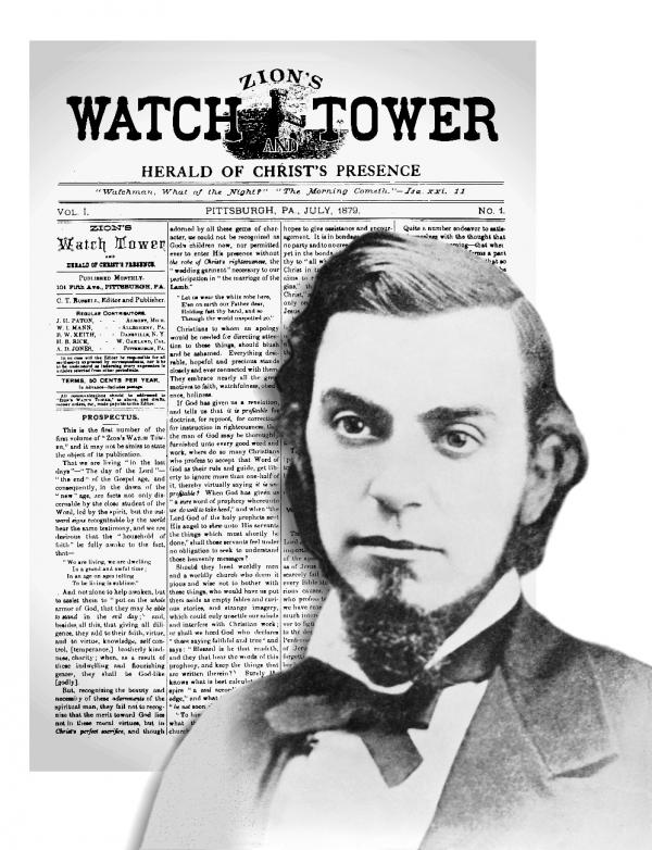 Charles Taze Russell with the Watchtower in the background