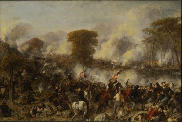 Battle scene with soldiers riding horses and carrying American Flags. Foot soldiers engaged in battle. 