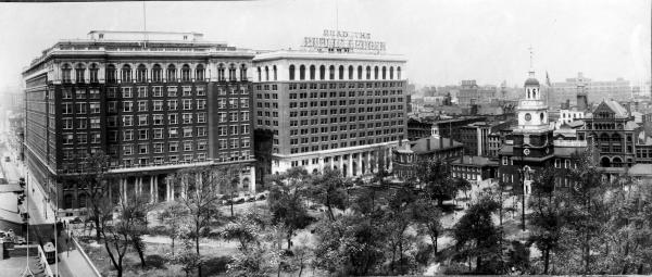 Exterior, black and white, includes Curtis Publishing Company at left, tower of Independence Hall in right foreground.